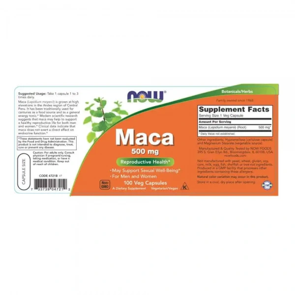 NOW Maca 500mg 100 veg. caps. — Capsules view 2