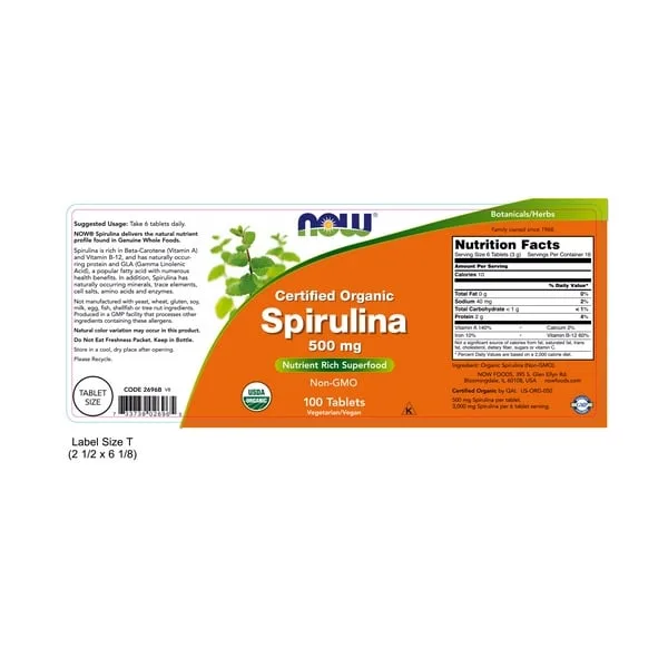 NOW Organic Spirulina 500mg 100tabs — Tabs view 2