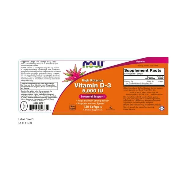 NOW Vitamin D3 5000 IU 120 softgels — Softgels view 2