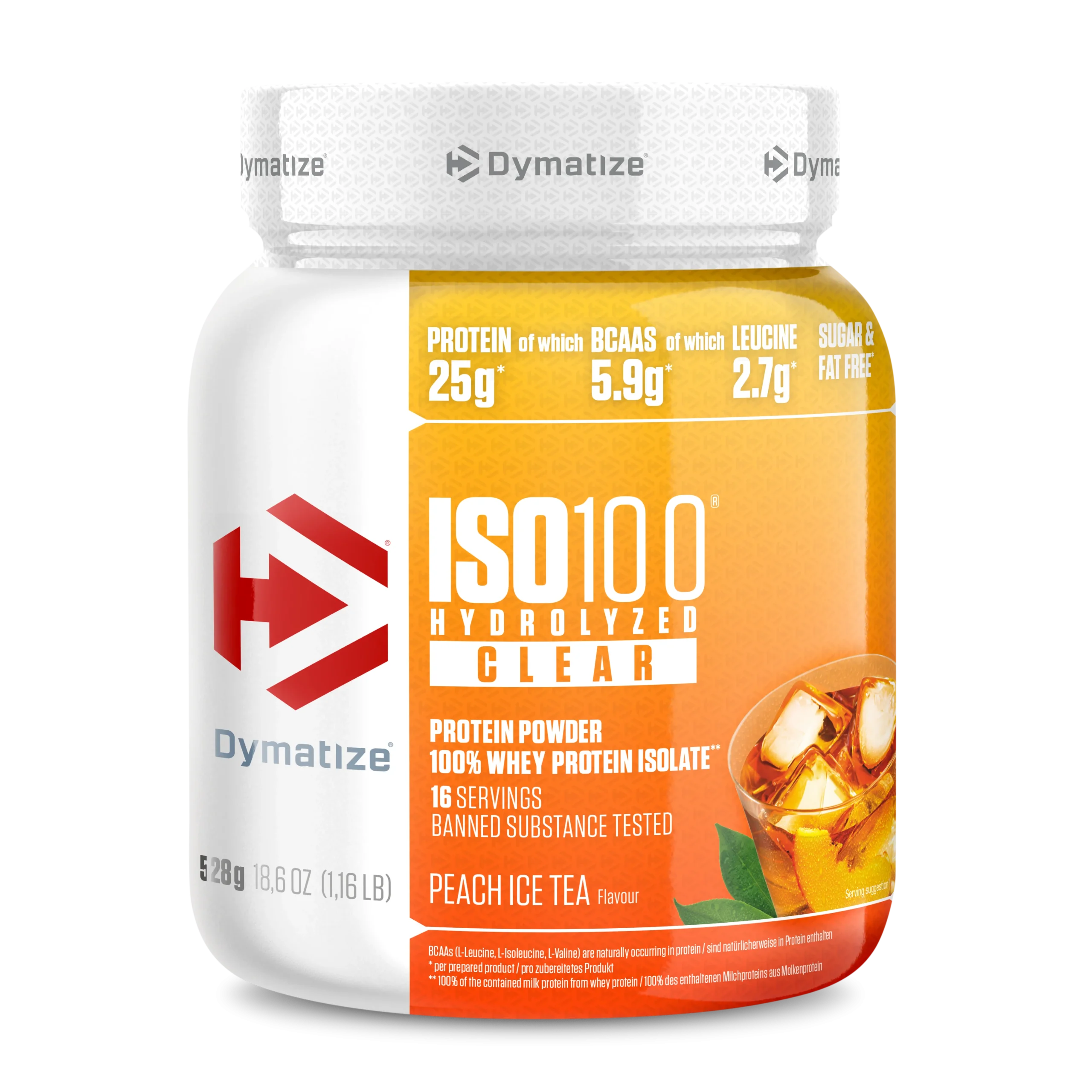 Dymatize ISO 100 Hydrolyzed clear whey protein 512g Virsiku jäätee — Peach — Powder - image 1 of 2