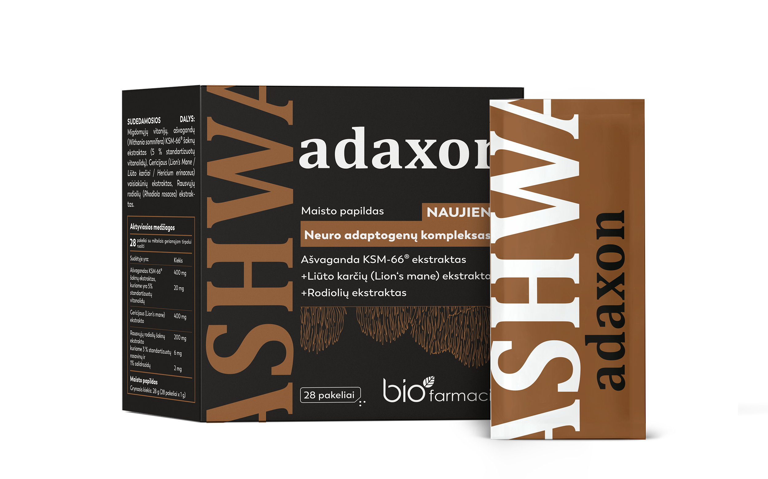 Ashwa adaxon Ashwagandha KSM-66®, Lion´s Mane ja kuldjuur närvisüsteemile, 28 pakki
