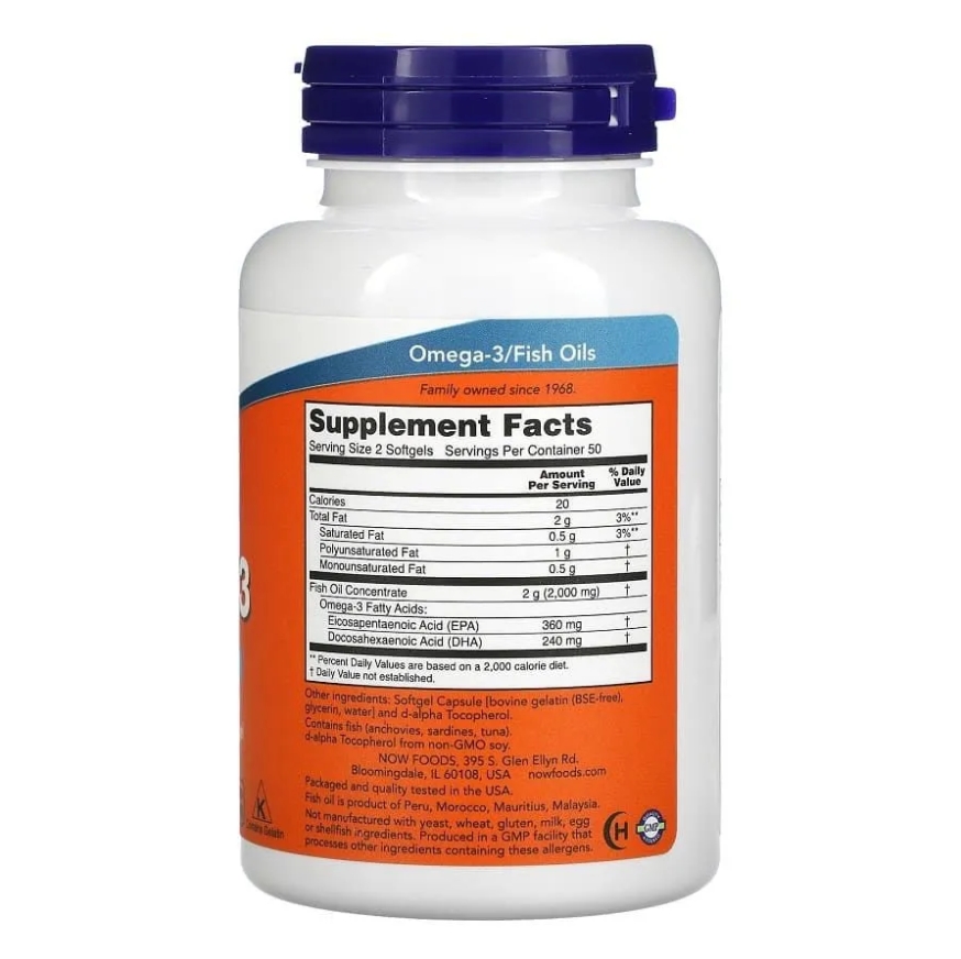 NOW Omega 3 1000mg 100 Softgels — Capsules view 2