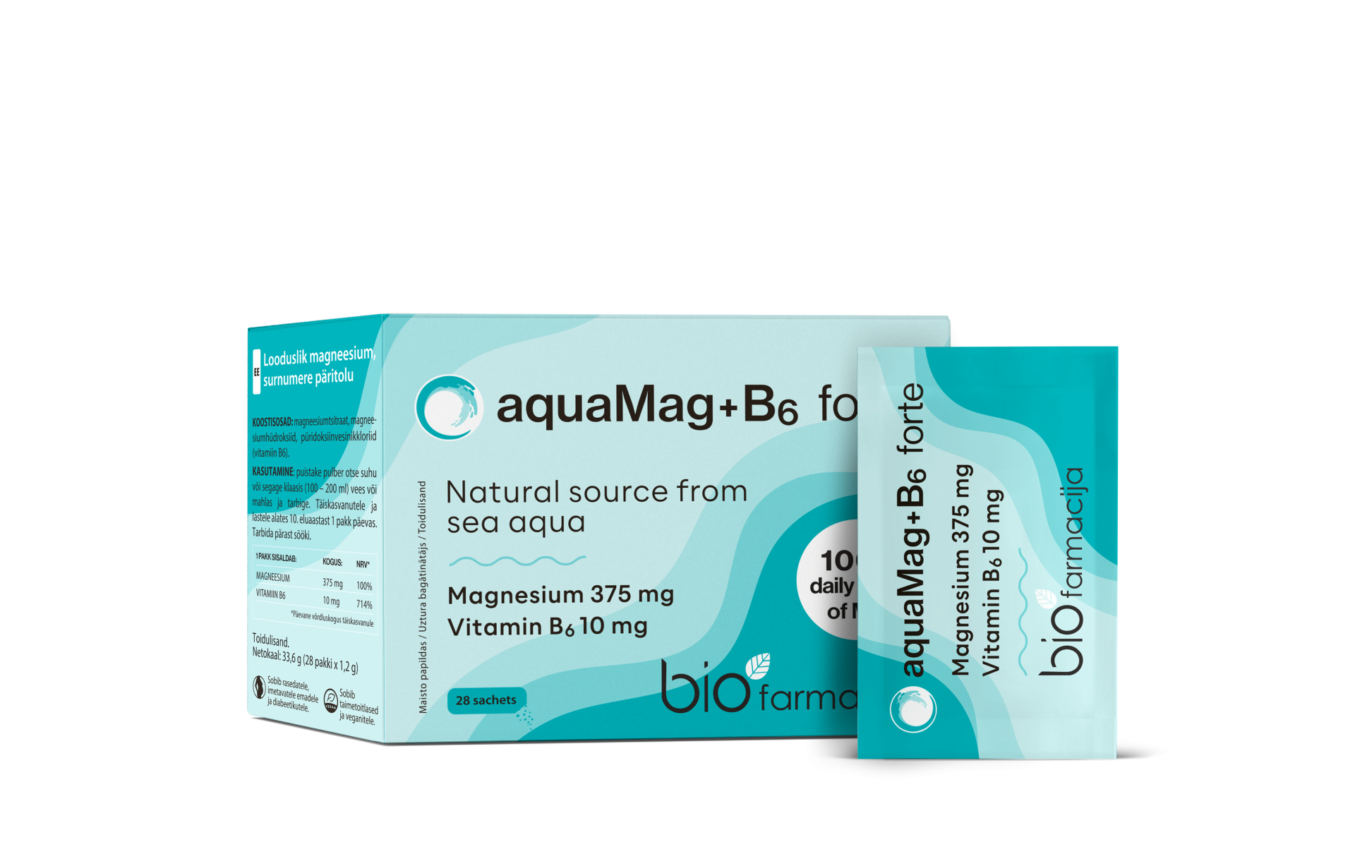 aquaMag+B6 Forte magneesiumtsitraadi ja magneesiumhüdroksiidi pulber, 28 pakki — Powder - product image