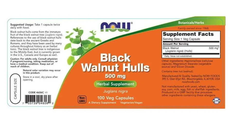 NOW Black Walnut Hulls 500mg 100 caps — Capsules view 2