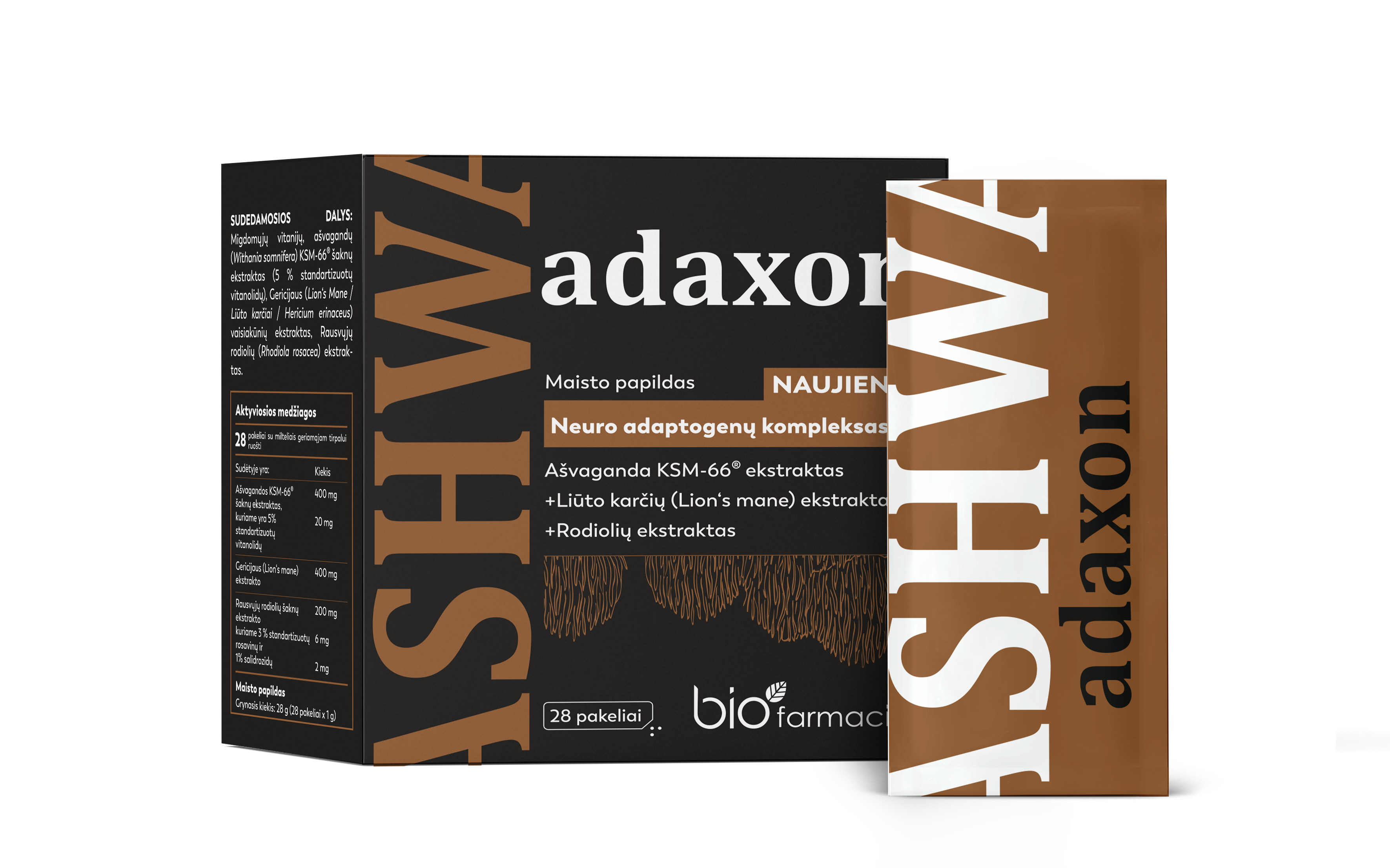 UUS! Ashwa adaxon Ashwagandha KSM-66®, Lion´s Mane ja kuldjuur närvisüsteemile, 28 pakki