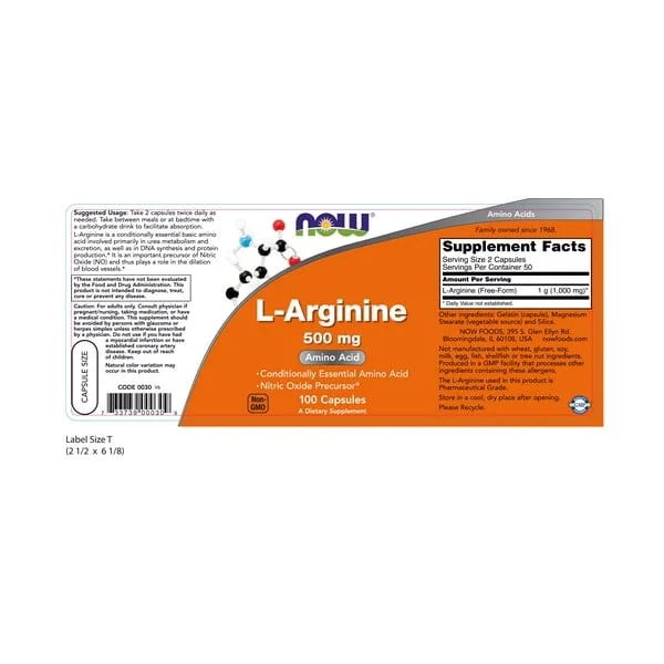 NOW L-Arginine 500mg 100 veg. caps. — Capsules view 2