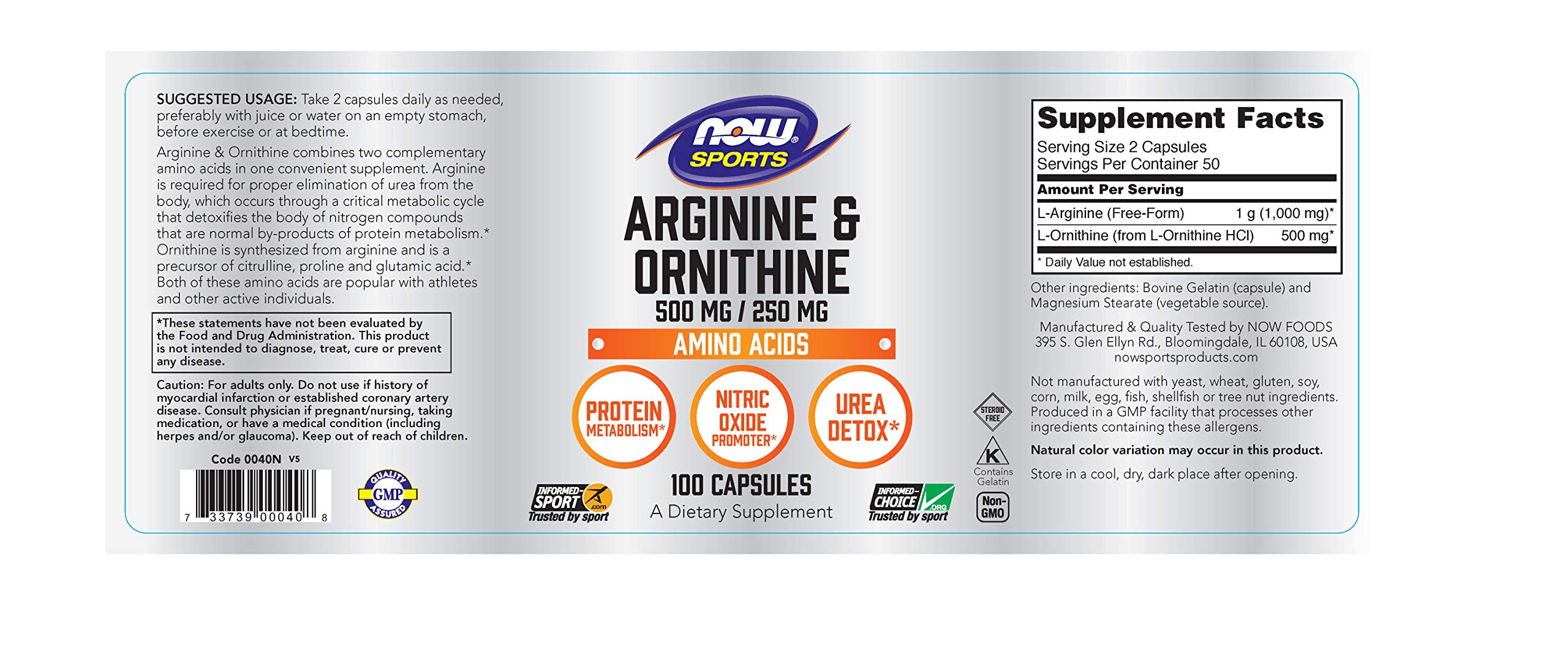 NOW Arginine & Ornithine 100 veg. caps. — Capsules view 2